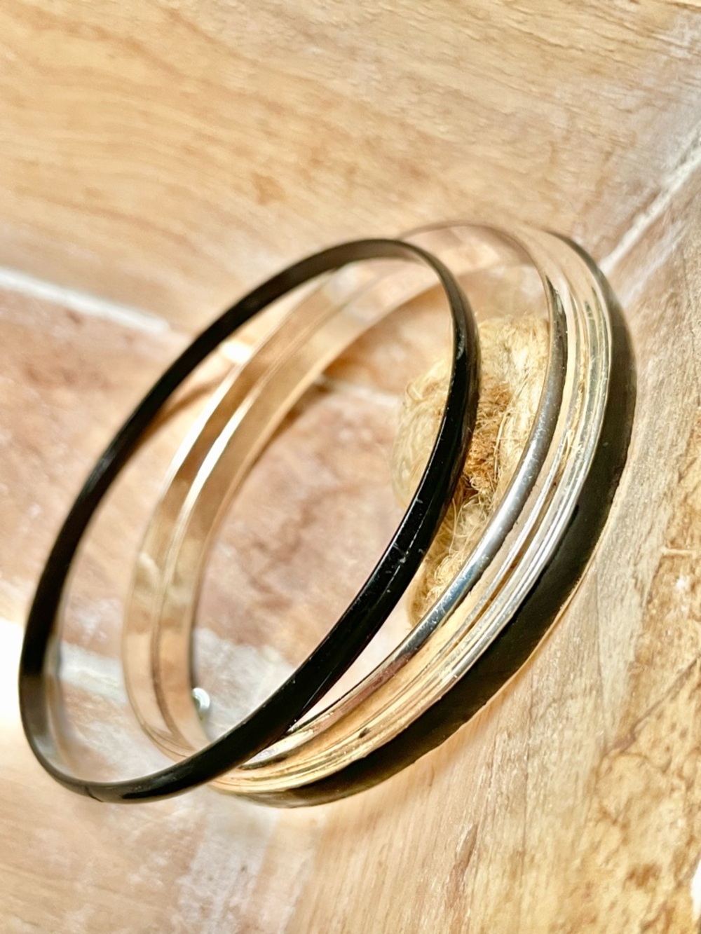 Stacked Silverplate Metal and Black Bangle Set - Silver & Black